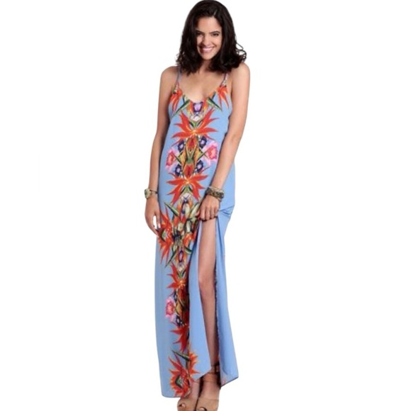 2/$30 LUSH Tropical Maxi Dress | Blue Multicolor | Side Slit | Size Small - Picture 1 of 9